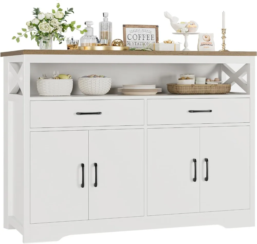 

HOSTACK 47" Modern Farmhouse Sideboard Buffet Cabinet, Wood Buffet Storage Cabinet with Drawers & Shelves