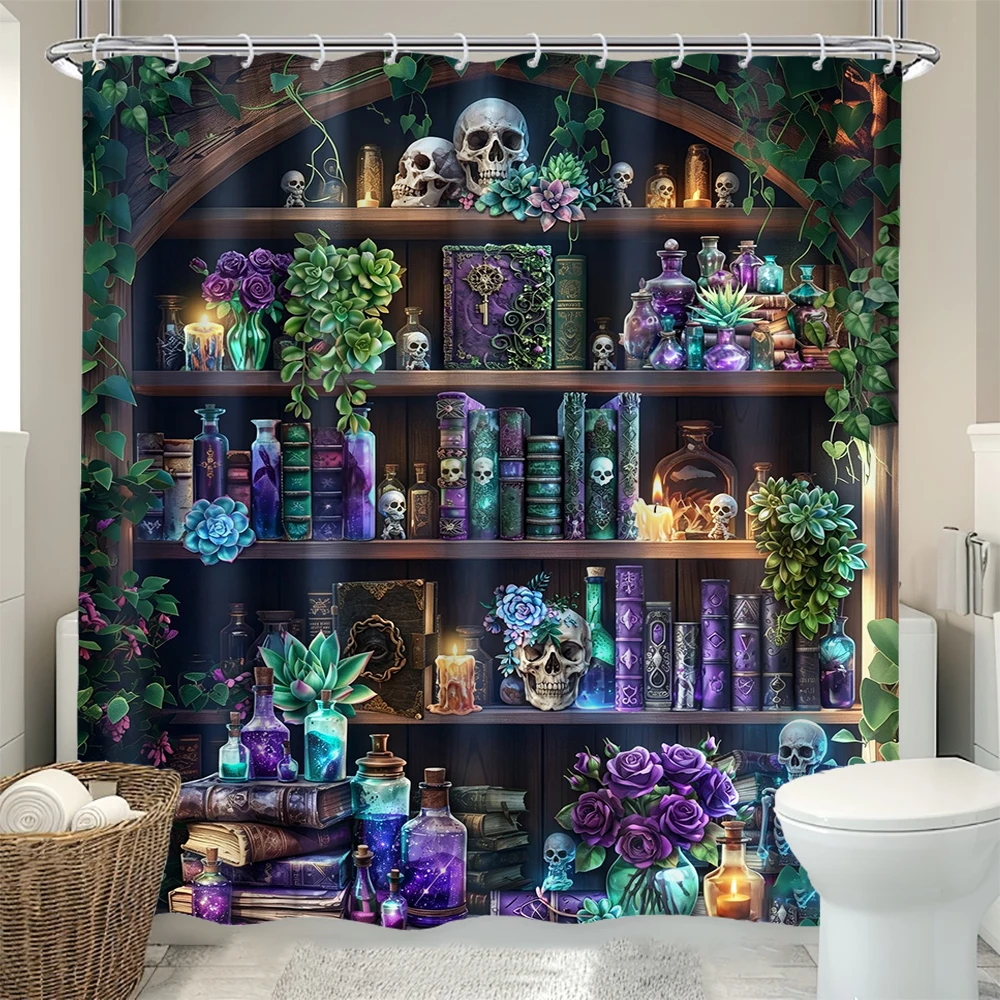 Skeleton Bookshelf Shower Curtain Magical Gothic Skull Witch Retro Plant Mystical Halloween Bathroom Decor Curtain Home Decor