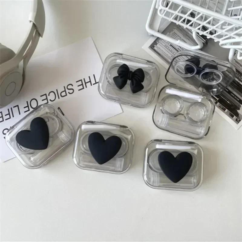 1Pc Black Love Heart Contact Lens Case with Tweezer Contact Applicator Solution Bottle Lens Holder Container Contact Lens Box