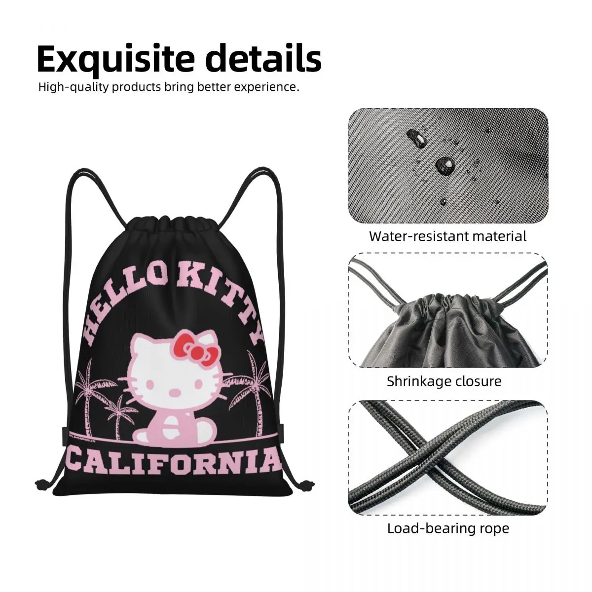 Custom Hello Kitty California Palm Trees Drawstring Backpack Women Men Sport Gym Sackpack Portable Training Bag Sack