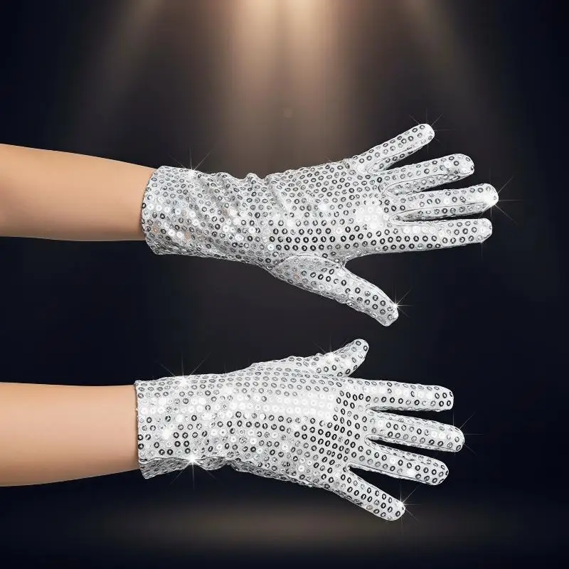 1 Paar glitzernde Tanzkostüm-Accessoires, silberfarbene, glänzende Netzhandschuhe für Bühnenauftritte, Partys, Halloween-Kostüme, Cosplay, Damen. – Detail 7