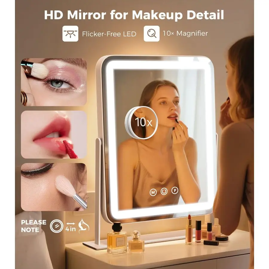 Vanity Mirror with Lights, Lighted Makeup Mirror with 3 Modes, 10X Magnification Mirror, Stepless Brightness, 360 Rotation, Chri