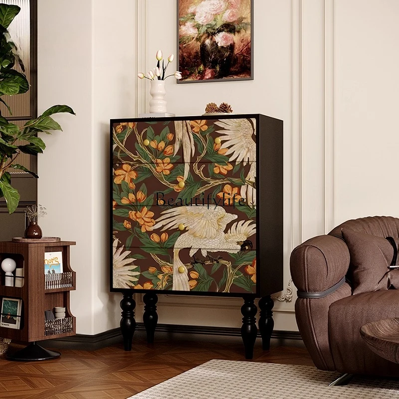 

French retro solid wood porch tall cabinet household living room locker integrated decorative storage