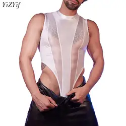 Men's Bodysuits Mesh Patchwork Jumpsuit Transparent High Cut Openable Crotch Male Rompers Streetwear Fashion Clubwear Nightwear