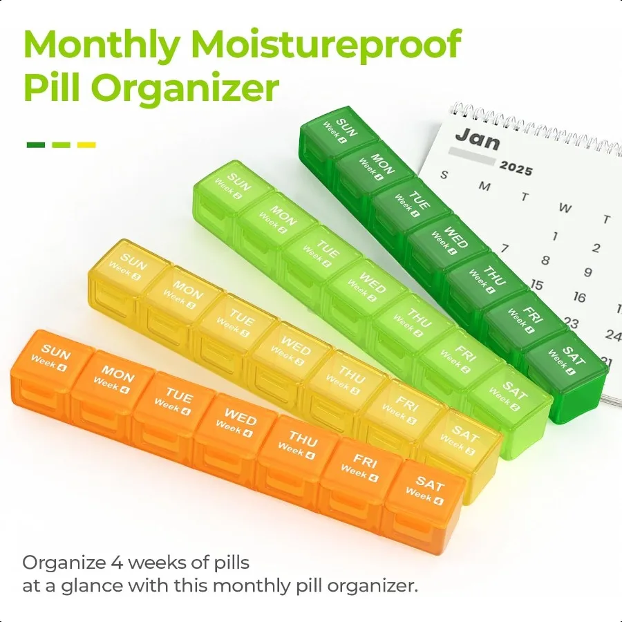 منظم حبوب شهري مقاوم للرطوبة علبة حبوب كبيرة 28 يومًا مع علبة حبوب منع الحمل قابلة للإزالة لمدة 4 أسابيع حاوية حبوب منع الحمل مناسبة للسفر