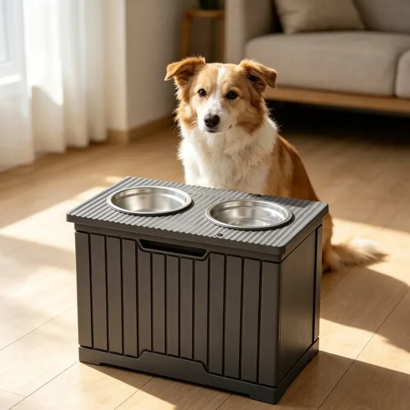 Anti Tip Over Dog Bowl Stand with Neck Protection Slow Feeder Double Dish for Large Pets Moisture Proof Grain Storage Table