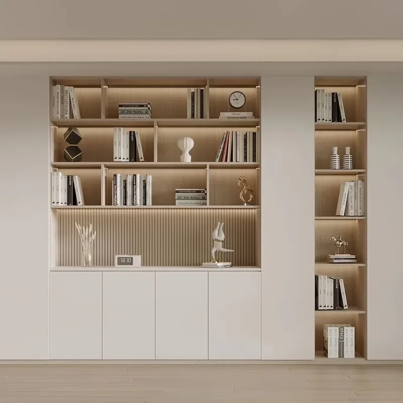 Modern Minimalist Solid Wood Modular Bookcase & Storage Unit Full-Wall Library Cabinet and Floor-Standing Unit for the Study
