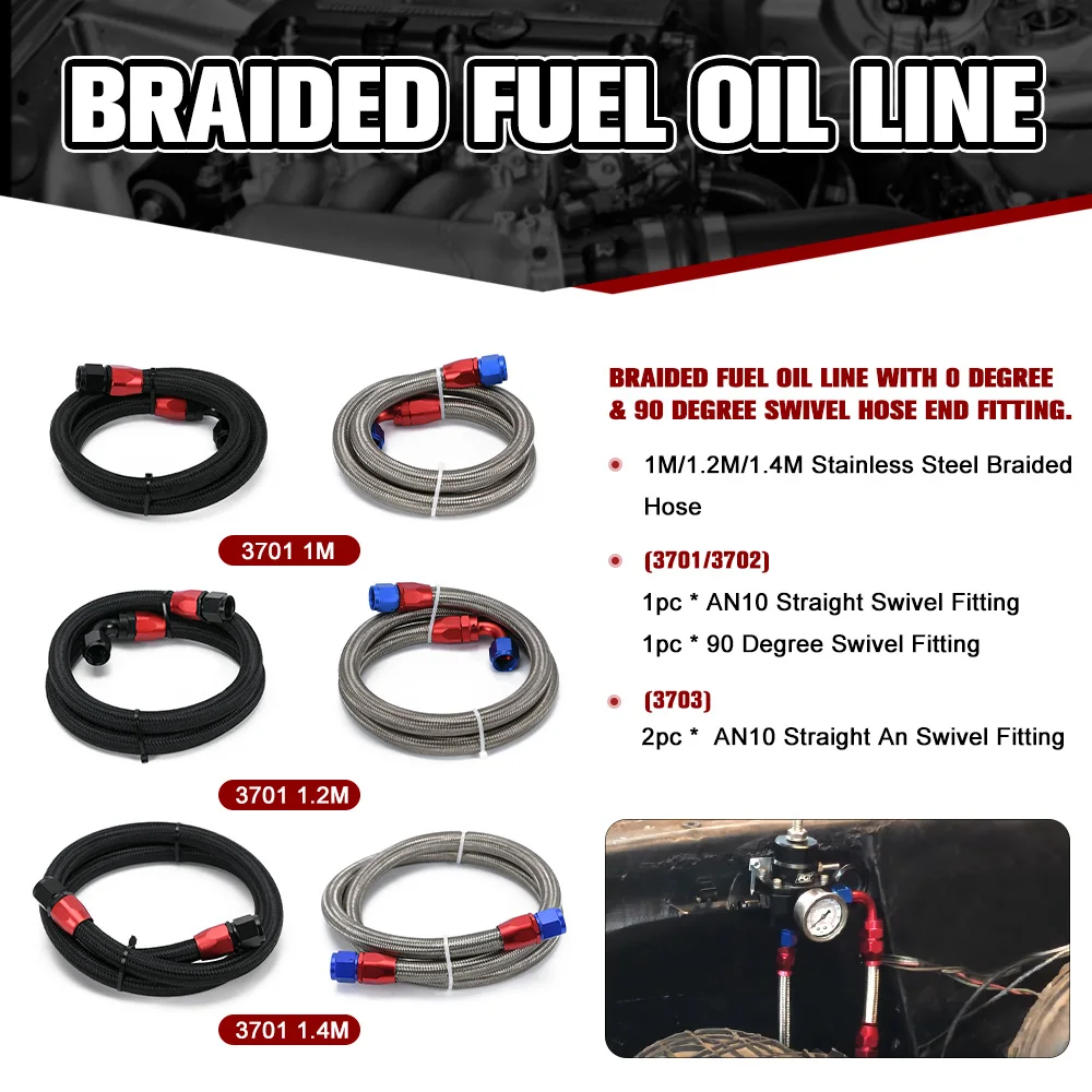 1M/1.2M/1.4M AN10 Stainless Steel Braided Fuel Oil Line + Straight and 90 Degree Swivel Fitting