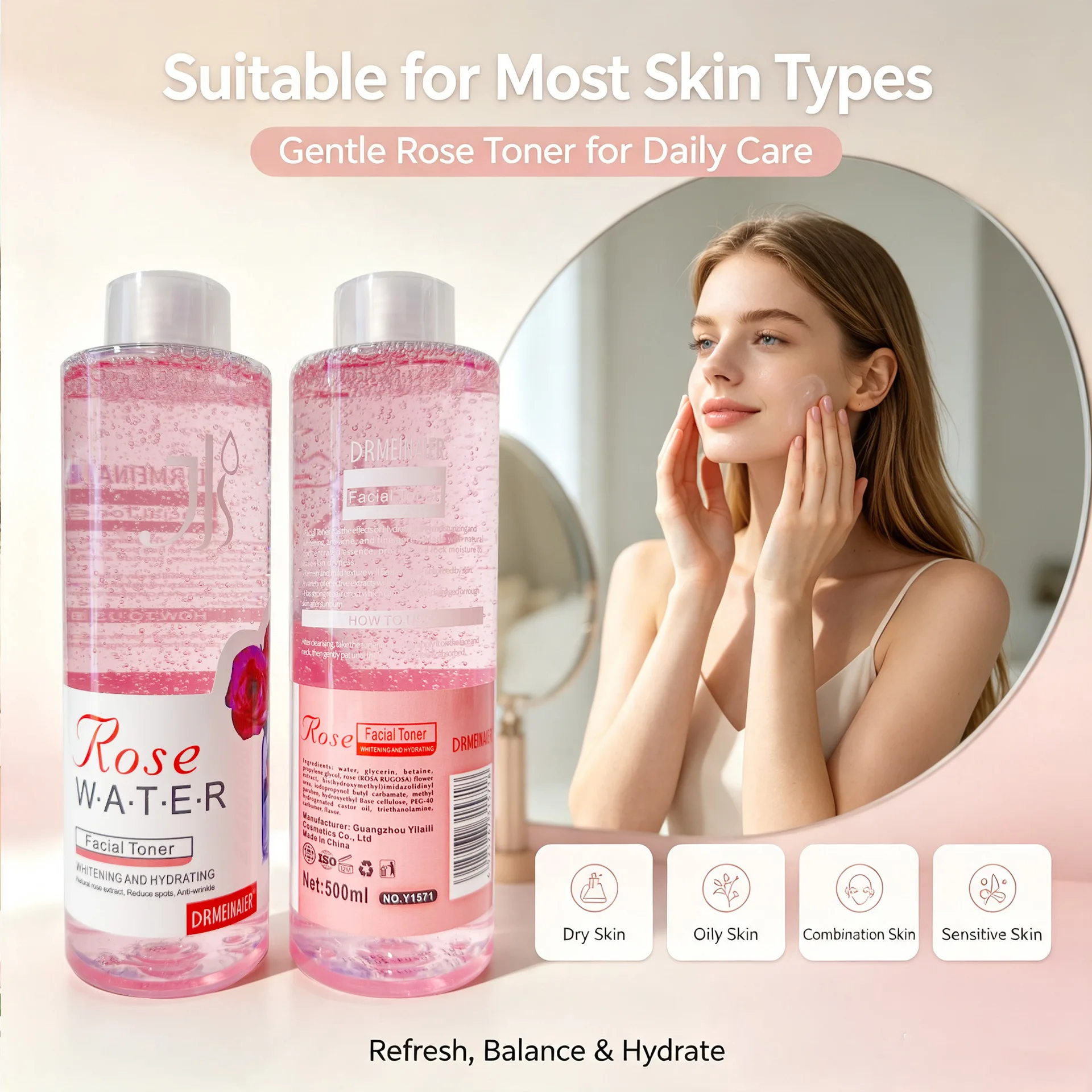 Rose toner closes pores brightens skin tone hydrates and moisturizes refreshe and control oil 500g shrink water Skincare