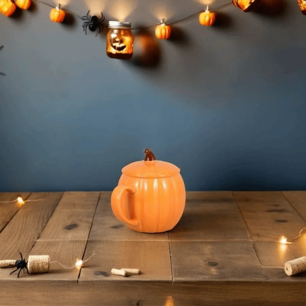 Breakfast Cup Orange Halloween Pumpkin Mug 320ml Dustproof Ceramic Tea Cup Decorative Creative Coffee Cup Kitchen