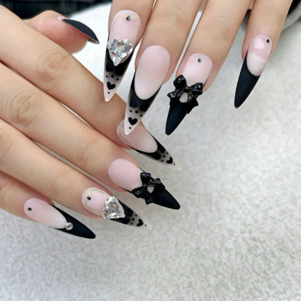 

24Pcs Long Stiletto Press on Fake Nails with Black Edge French Design False Nails Bow Rhinestone Reusable Full Cover Nails Tips
