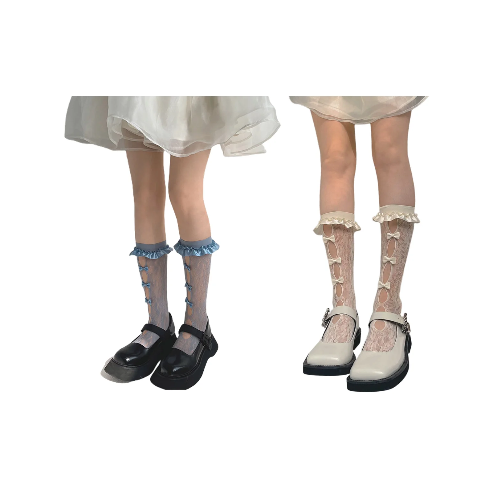 

Millennium Hot Girl hollow bow lace fishnet mid-calf socks, 1 pair each of blue and light yellow