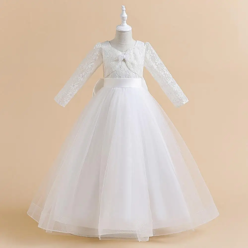 Princesa saia meninas inchado tule manga longa vestido infantil desempenho traje vestido elegante cerimônia de casamento roupas