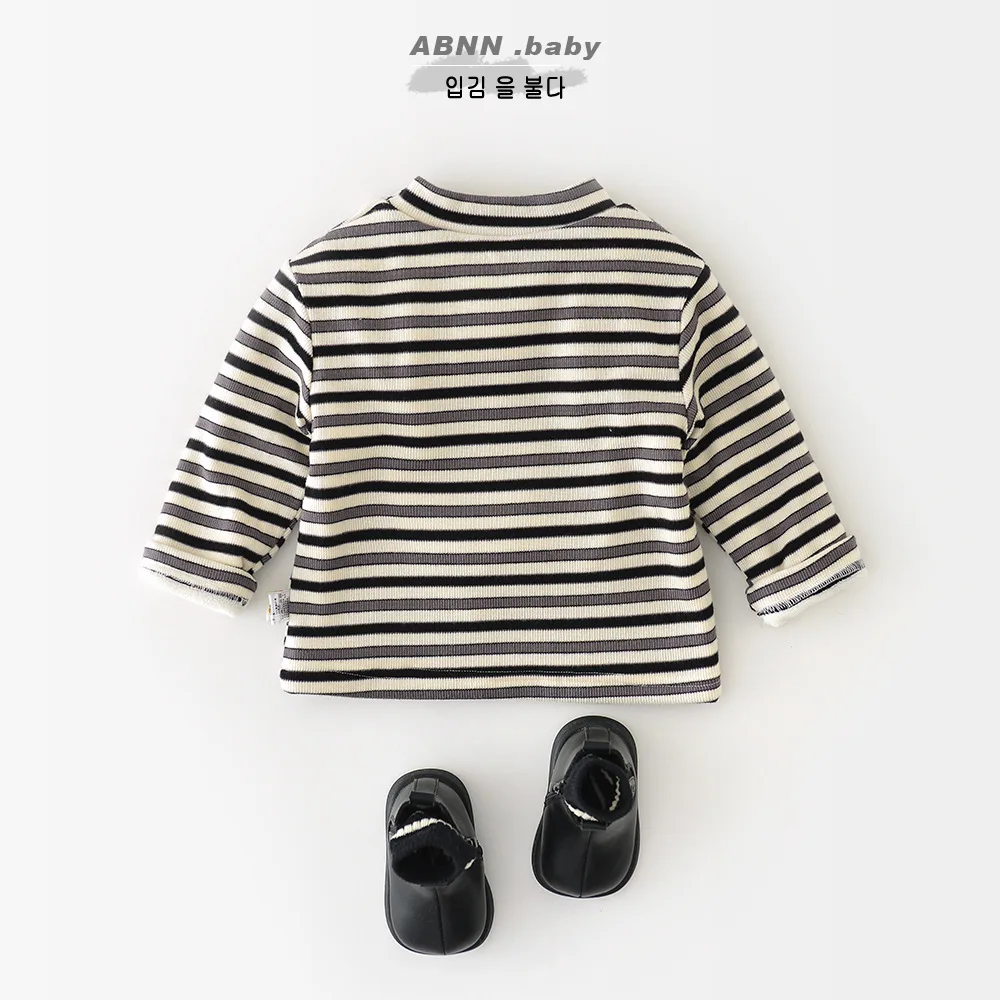 2025 شتاء جديد طفل طويل الأكمام الصوف المحملة الرضع بنين بنات عادية مخطط قاع القمصان زائد المخملية سميكة طفل الملابس #3