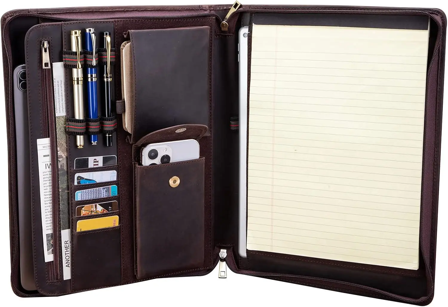 

Handmade Leather Portfolio with Front Pocket, Zippered Business Padfolio for 13" Tablet and Notepad, Professional Work Organizer