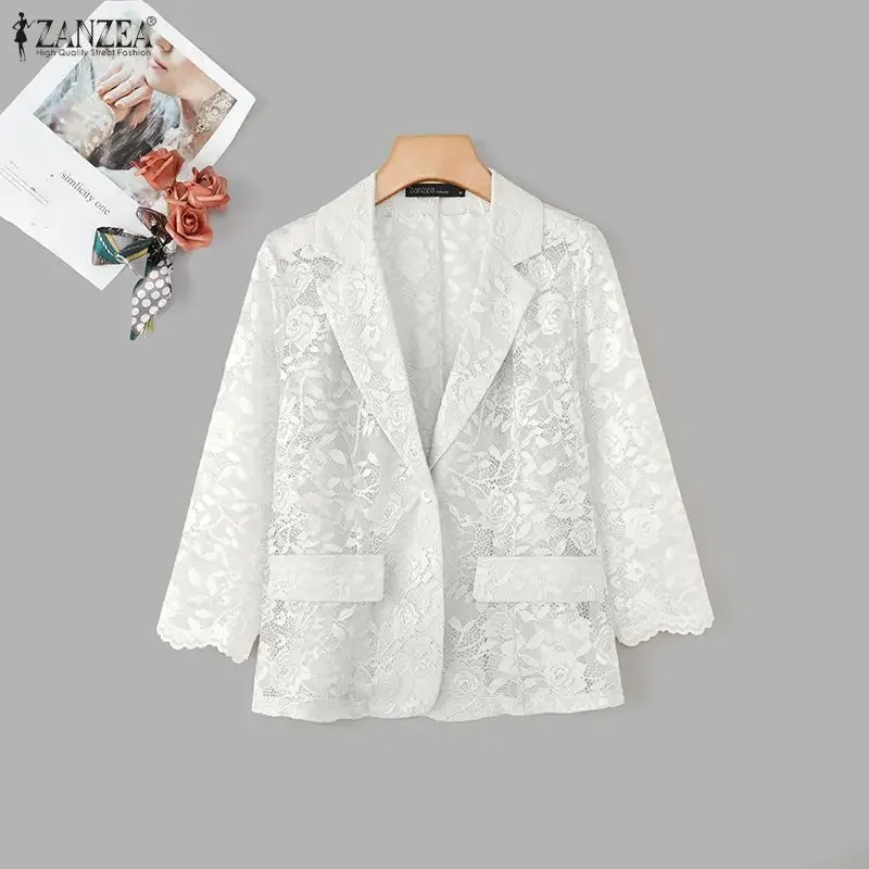 Fashion ZANZEA Lace Blazer Summer Spring 3/4 Sleeve Women Blazer OL Work Tops See-through Blazer Oversize Party Suits
