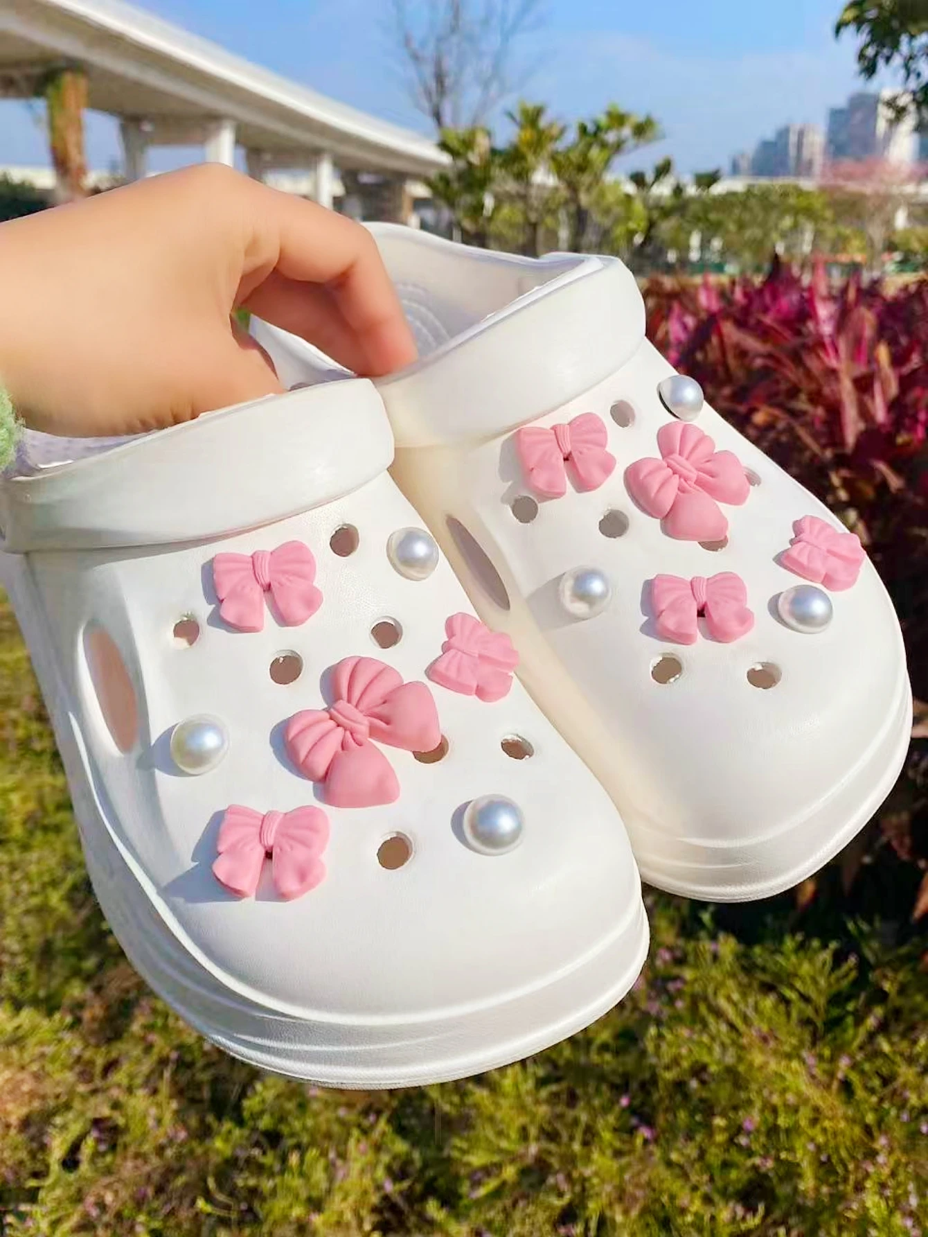 

14 pink PVC bow half ball shoes for DIY casual accessory-a fun and versatile way to personalize your shoes