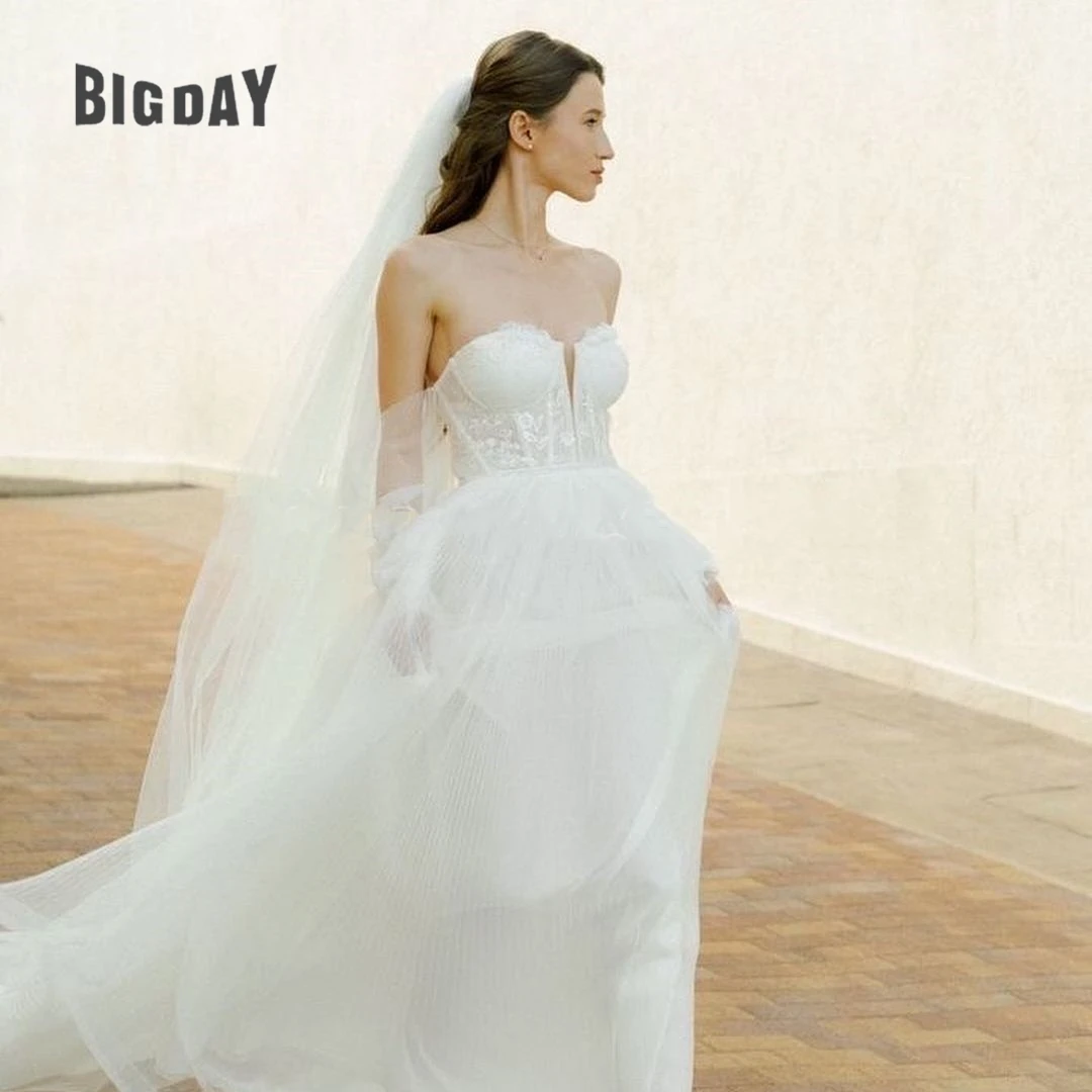 

Exquisite Wedding Dress For Woman Puffy Strapless A-Line Beach Detachable Sleeves Bridal Gowns Lace Applique Vestido de Customed