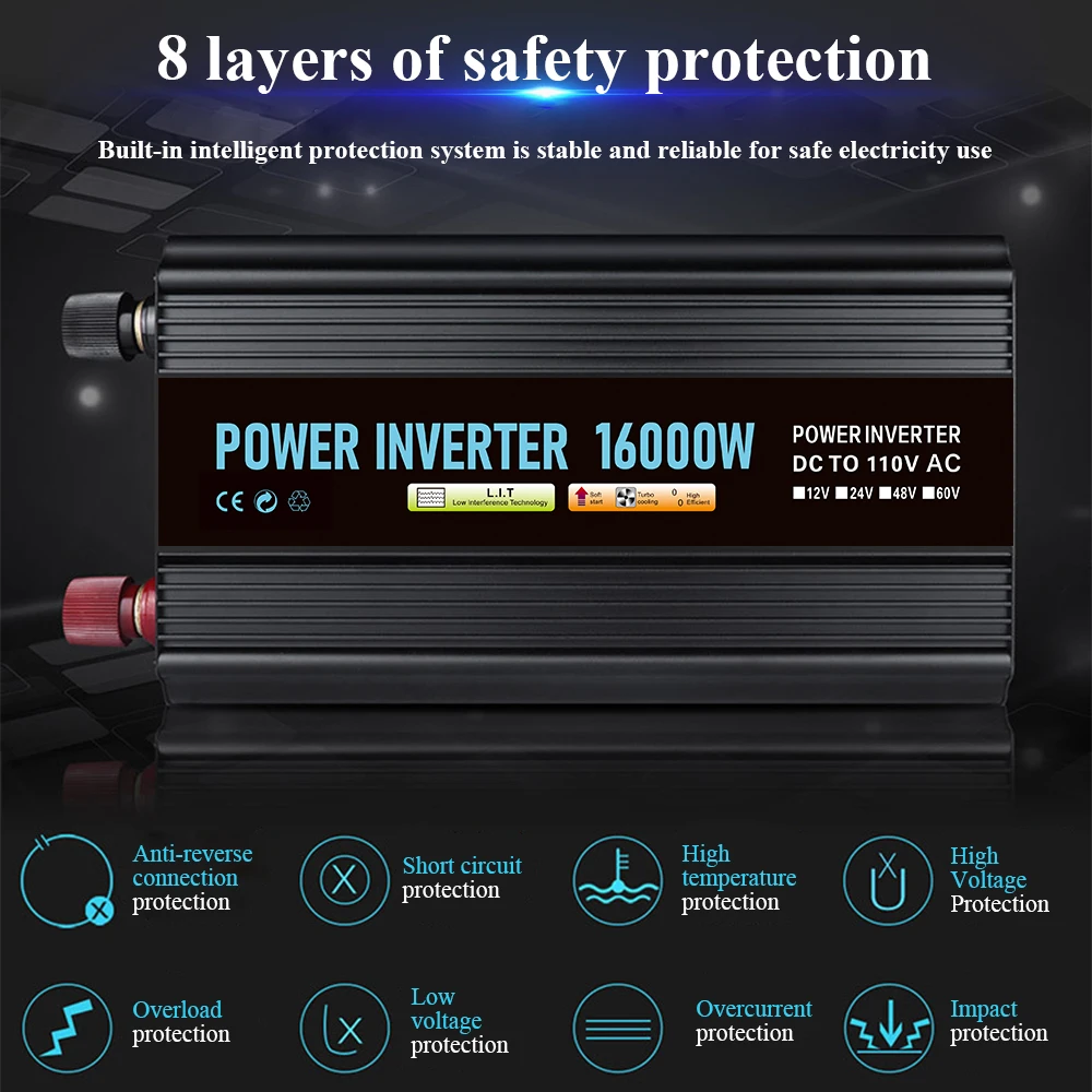 

16000W Car Power Inverter DC to AC 110V Solar Converter LCD Screen Dual Outlet USB Charger Multi Safety Protection