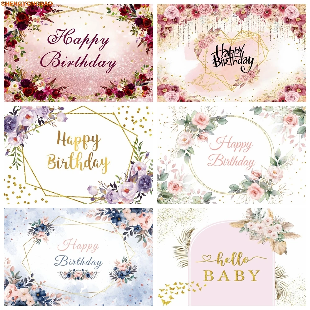 

Happy Birthday Backdrop For Photography Marble White Gold Frame Flowers Newborn Baby Shower Customize Decor Photo Studio Props