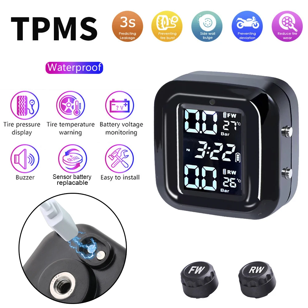 Motocicleta TPMS Sistema Monitor De Pressão Dos Pneus, alarme De Temperatura De Moto, Display Digital Sem Fio Com 2 Sensores Externos