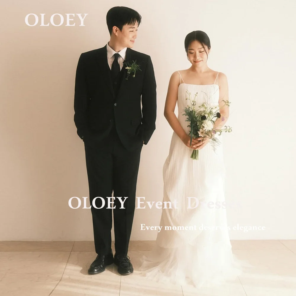 

OLOEY Simple Ivory A Line Wedding Dresses Korea Photo Shoot Floor Length Bridal Gowns Pleats Spaghetti Straps Corset Customized