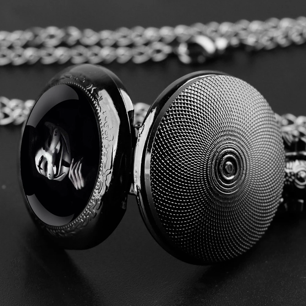 Masked Man Glass Dome Black Quartz Pocket Watch with Arabic Numerals Dial and Durable Chain Gift for Men Women