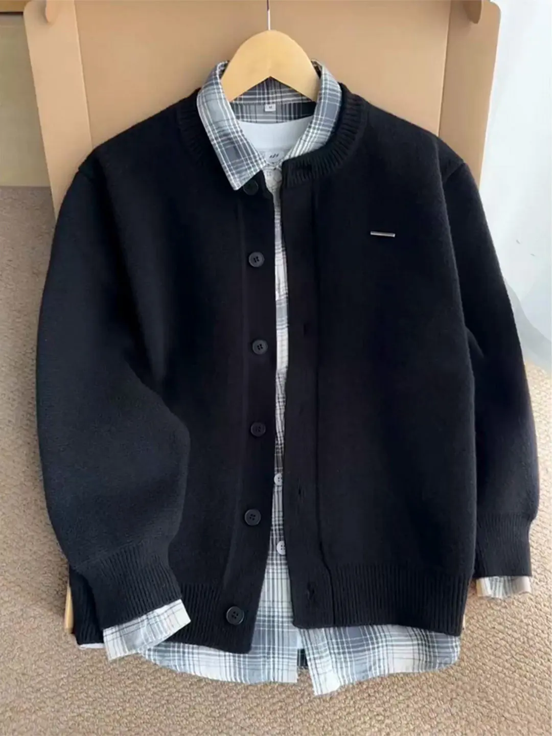 Black Knitted Open Cardigan Men's Casual Style Layering Sweater Lazy Streetwear Jacket Comfortable Loose Fit Autumn Wear