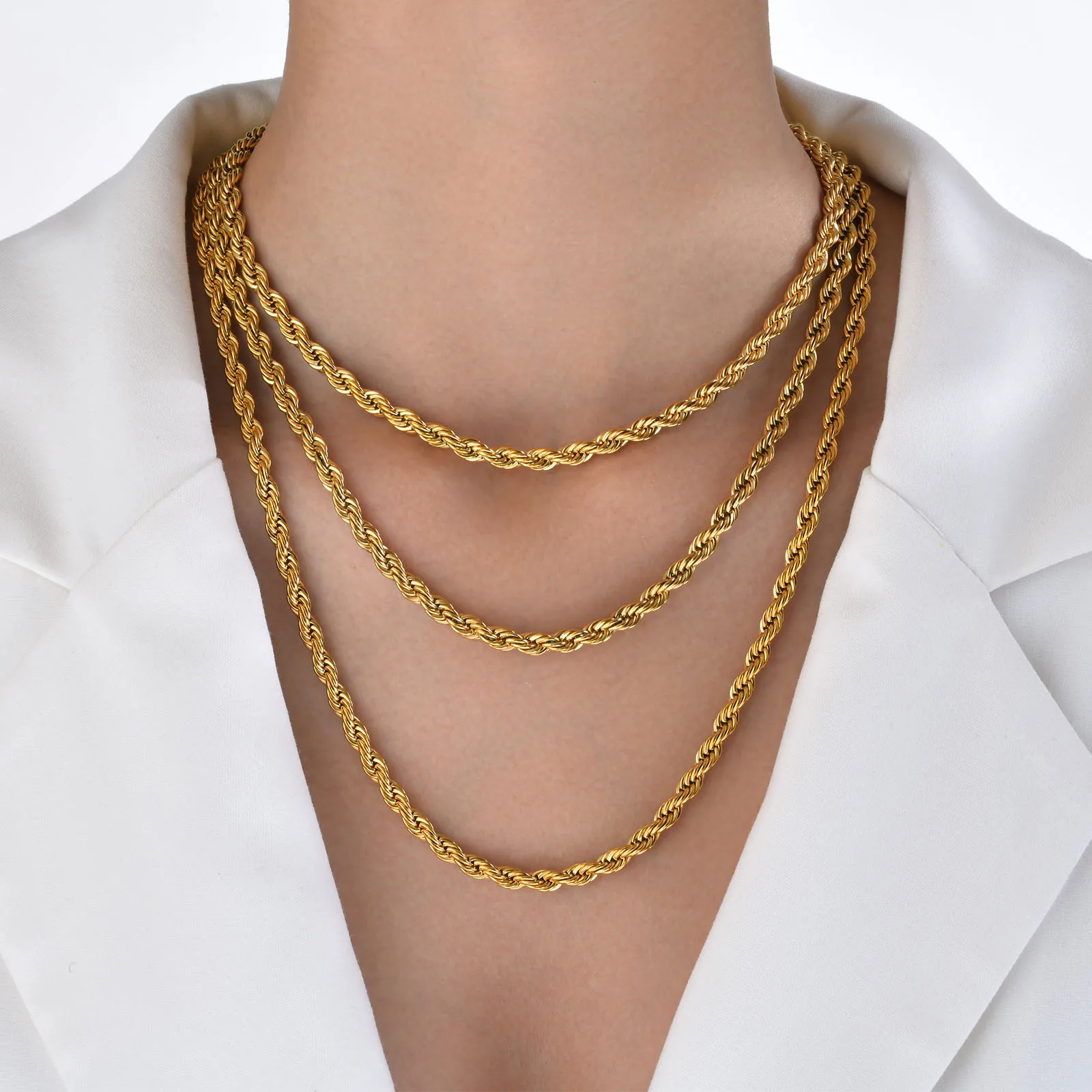 Gold-tone Rope Chain Necklace, Unisex, Waterproof 925 Sterling Silver, Width 2/3/4/5 mm