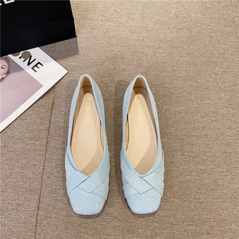 Women Flats Denim Cloth Blue Shoes for Ladies Square Head Solid Color Size 35-41 Spring Summer Autumn Shoes Flat Heel All Match