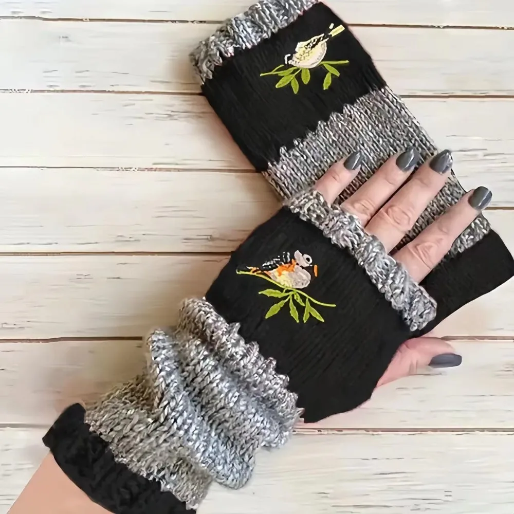 New Fashion Embroidered Bird Gloves Women's Winter Warm Cotton Fingerless Gloves Knitted Block Stitching Mittens