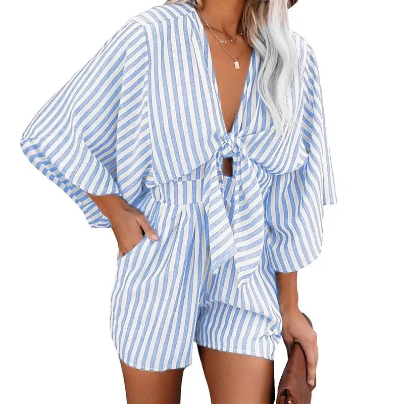 

Повседневные широкие брюки в полоску, летние новые комбинезоны Sle V-Ne Seven-Quarter Sve, женские комбинезоны с бантом и низкой талией, длина