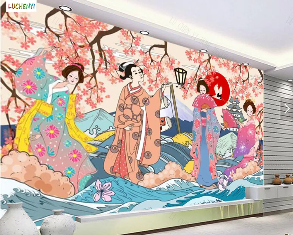 

Papel de paredel Hand-painted characters and women in kimono Japanese restaurant culture restaurant wallpaper home decoration