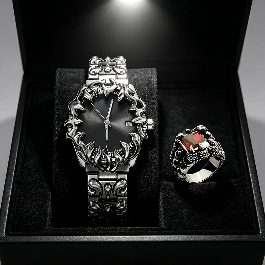 Men Quartz Wristwatch Silver Dial Unique Y2K Alabaster Carved Case Date Window Fashion Punk Ring Set Male Dress Claw Watch