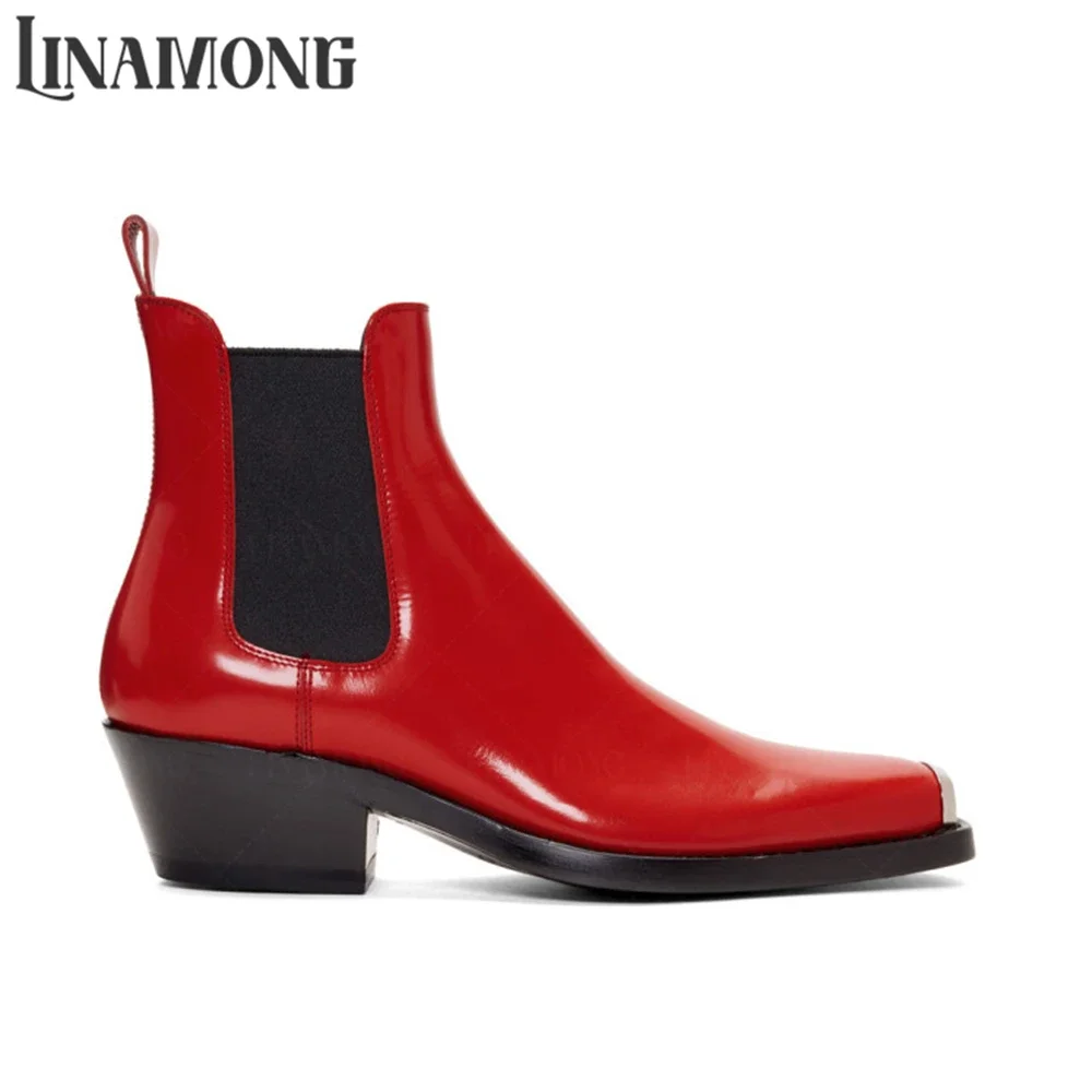 Buffed Leather Chelsea Boots Metallic Square Toe Western Ankle Boots Multicolor Stretch Strap Slip on Boots Classic Solid Colors