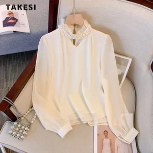 Женская шифоновая блузка во французском стиле, элегантная однотонная Роскошная офисная рубашка с V-образным вырезом и оборками, Топ с длинным рукавом для осени, 2023