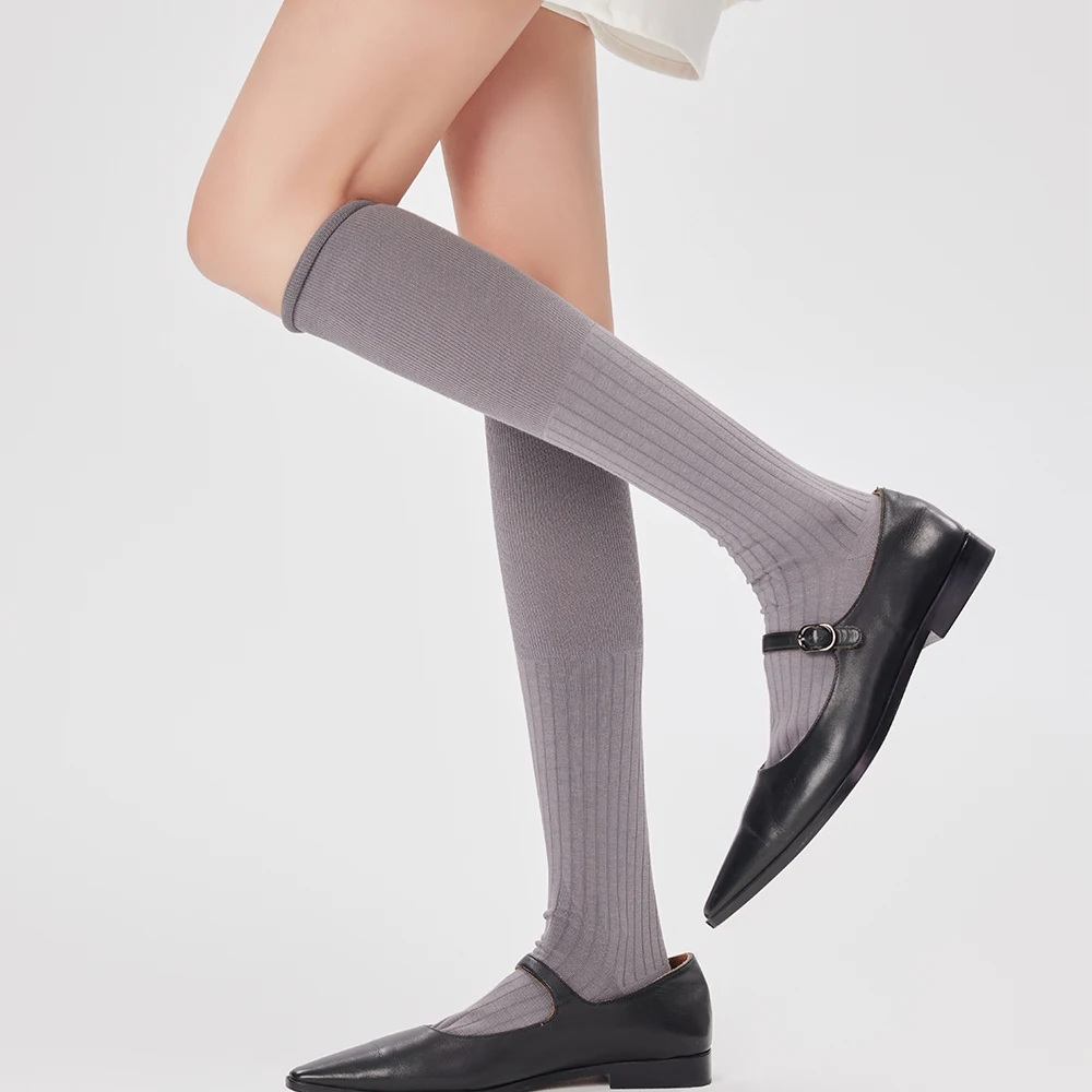 New Spring/Summer Women's Mid Length Socks With Curled Mouth Solid Cotton Thin Vertical Stripe Lower Leg Socks Long Stockings