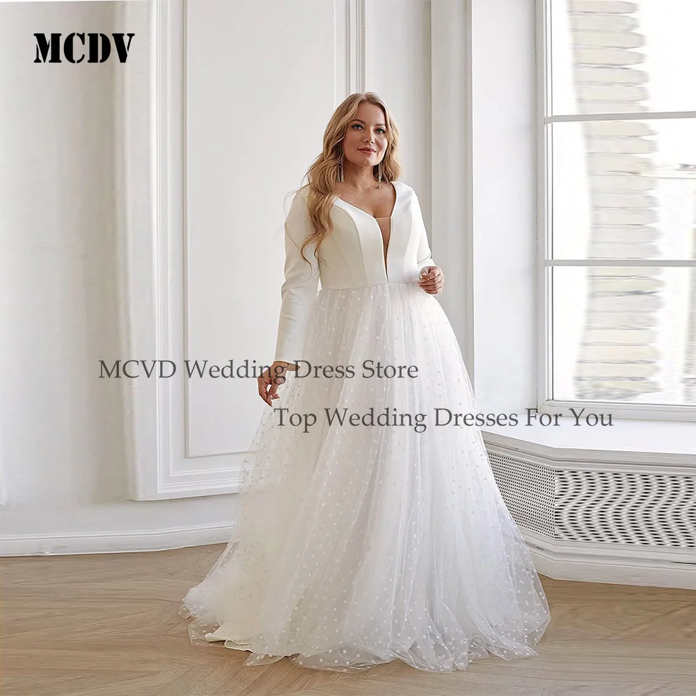 

MCDV Plus Size Wedding Dresses For Curvy V-Neck Long Sleeve Vintage Bride Gowns Applique A-Line vestido de novia Customized