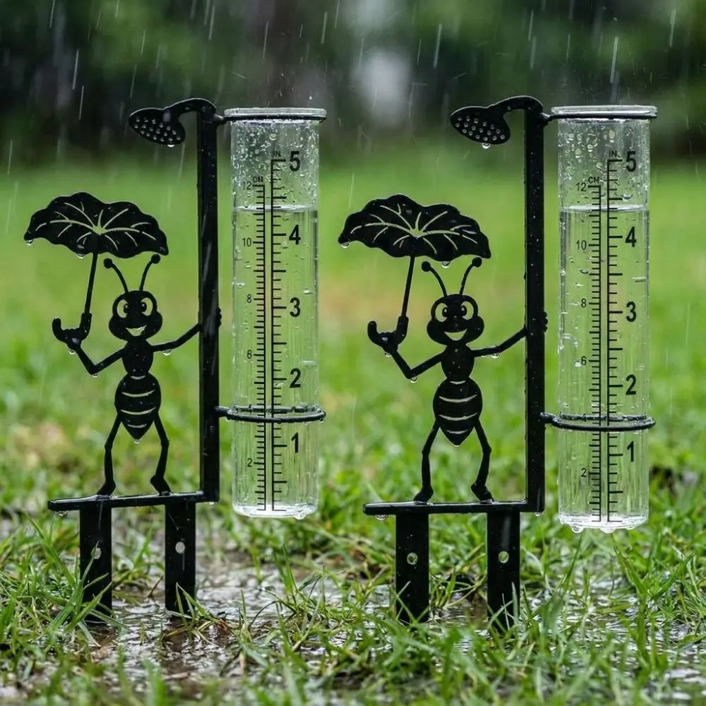Iron Art Metal Ant Rain Gauge Stake Removable Rustproof Outdoor Glass Tube Rain Gauge Lotus Leaf Ant Shaped Weatherproof