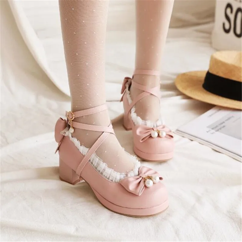 Sepatu kulit anak perempuan sepatu hak tinggi Mary Jane sepatu pantofel pesta pernikahan sepatu Cosplay putri pita stroberi sepatu Lolita 30-43