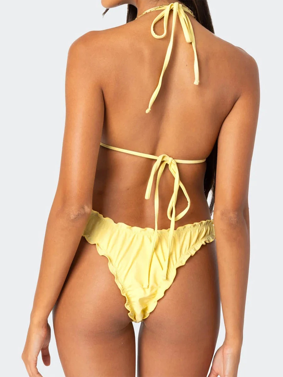 

Womens 2 Piece Bikini Set Lettuce Trim Halter Neck Tie-up Tops Shorts Bathing Suit Outfits for Beach Pool