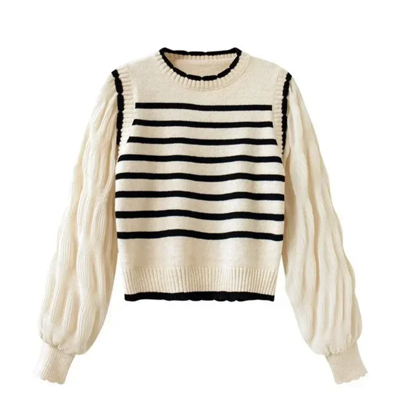 women Black and white striped fake two-piece knitted sweaters pring and autumn Korean soft glutinous pullover sweater female