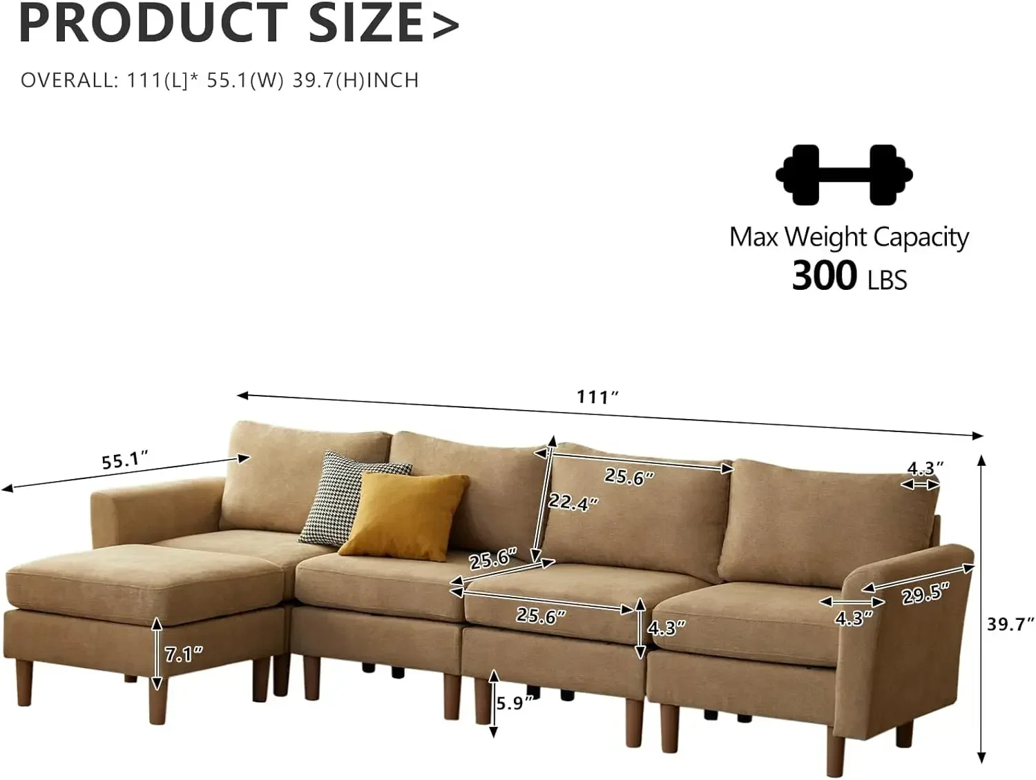 Modular Sectional Sofa Convertible L Shaped Couch with Ottomans Memory Foam 5 Seat Polyester Sofa Bed with Reversible Chaise