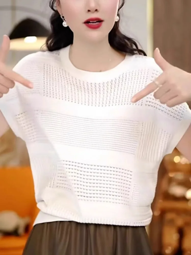 

Летний ажурный легкий дышащий вязаный топ из ледяного шелка круглый Ne ort Sve Gentle Wind T irt Small irt