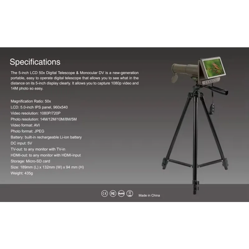 베스트셀러 5.0 인치 IPS LCD 디지털 망원경 50X 1080P 비디오 사진 단안경 레코더 조류 축구 사냥 Con 시청