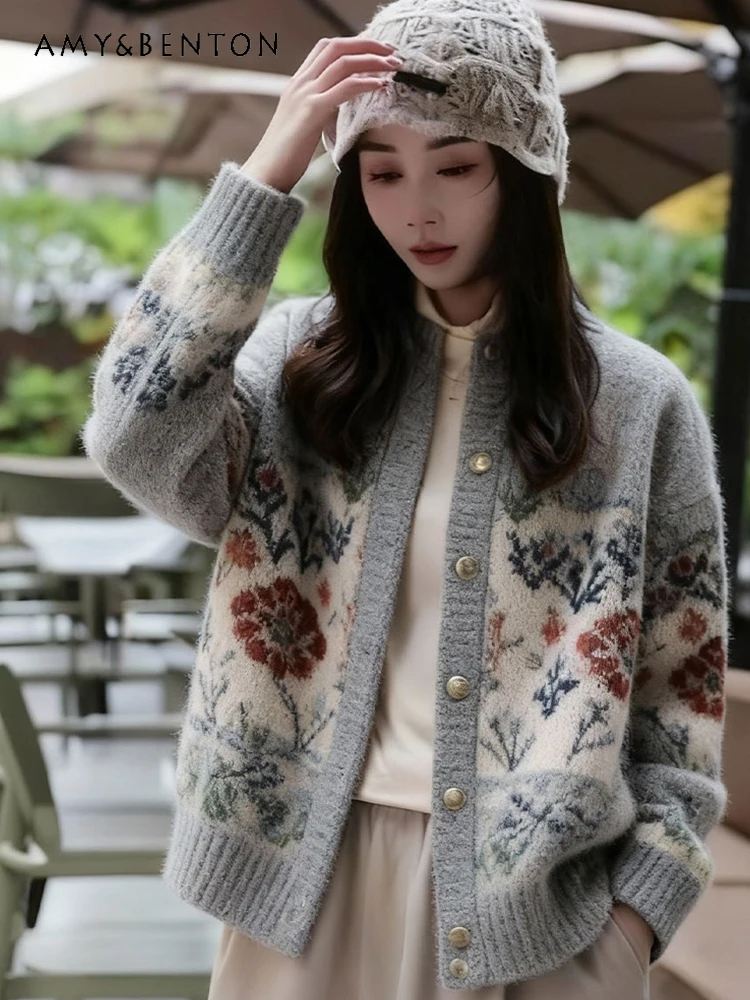 

2025 Autumn Winter New Gray Round Neck Single-Breasted Cardigan Sweater Coat Loose Casual Plant Print Knitted Top