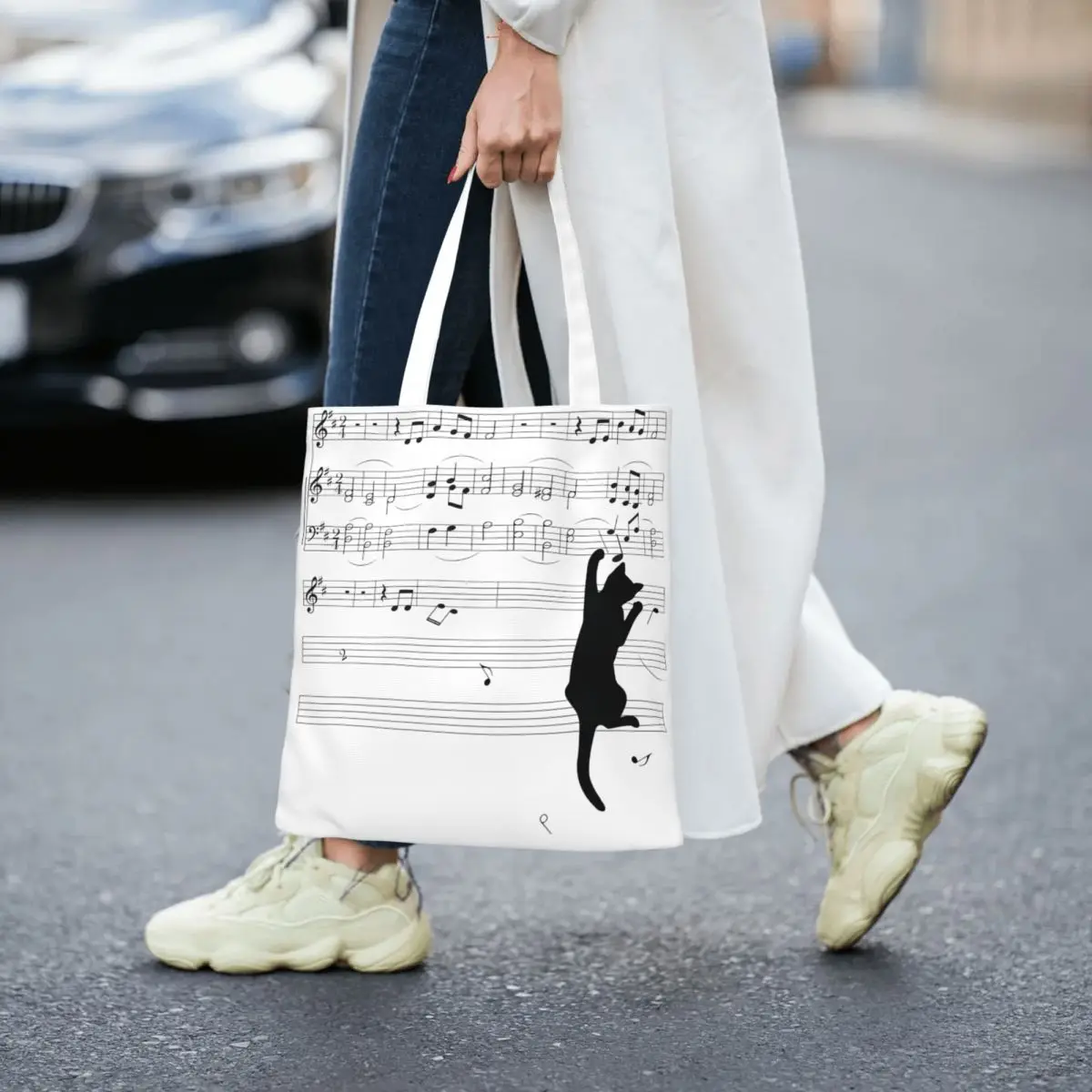 Mischief Musical Symbols Cats Canvas Tote Bag Reusable Large Capacity Fashion Bags for Women Men