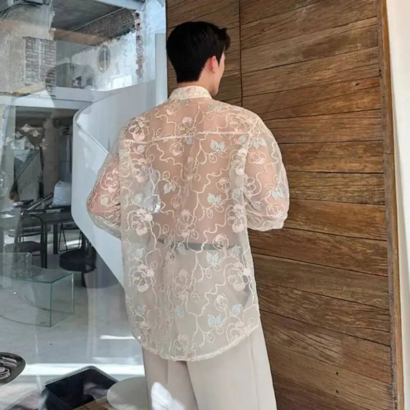 WVGA Summer New Men Tide Personalized Design Embroidery Jacquard Thin Long Sleeve Shirts Niche Loose Chic Casual Shirt Ins W7463