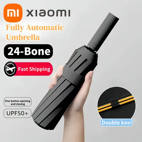 Xiaomi 24 Bone 태양 자외선 차단 비 저항 및 강한 바람 저항을 위한 완전 자동 이중 뼈 접이식 우산