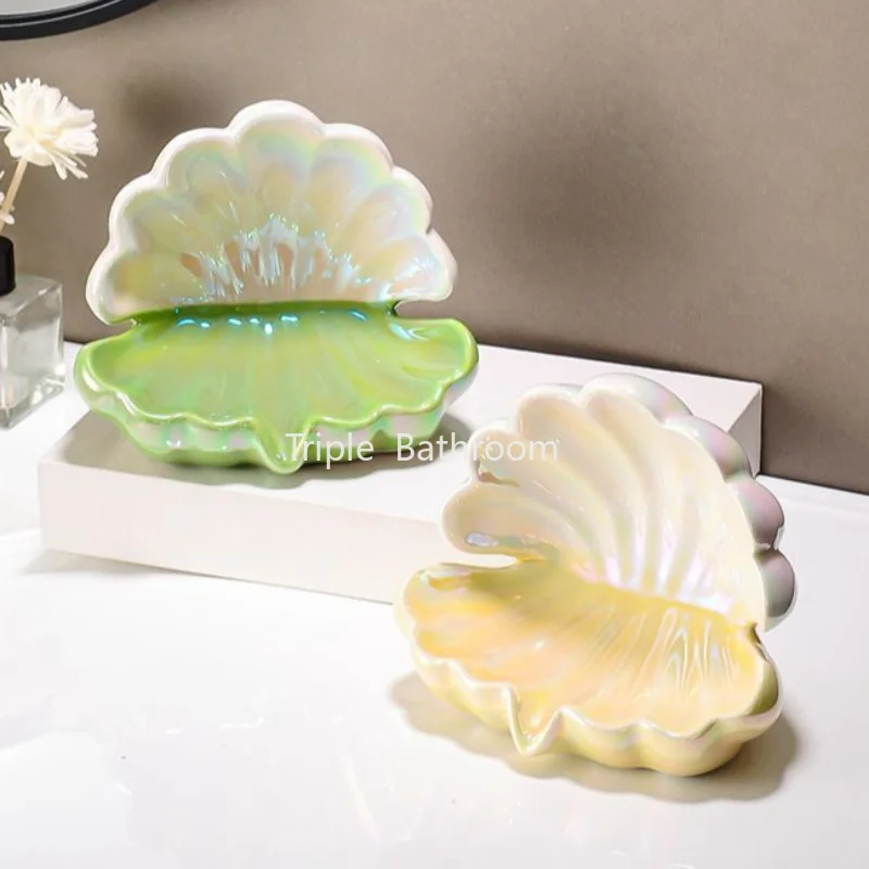 1pc Ceramic Shell Shaped Soap Dish, Ceramic Bathroom Countertop Shelf Drain Soap Box, Bathroom Toiletries, Portable Soap Dish